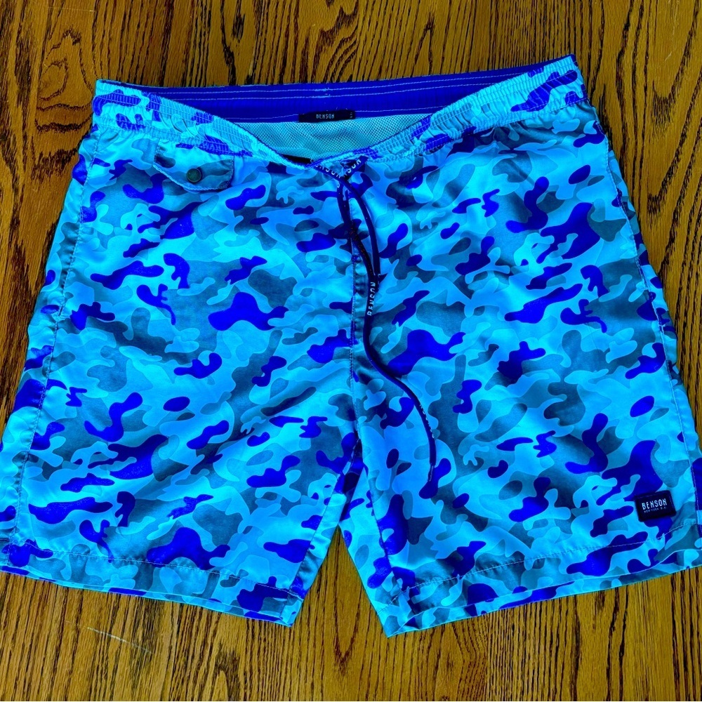 Benson NYC Men’s Blue Camo Swim Trunks Shorts Size Medium